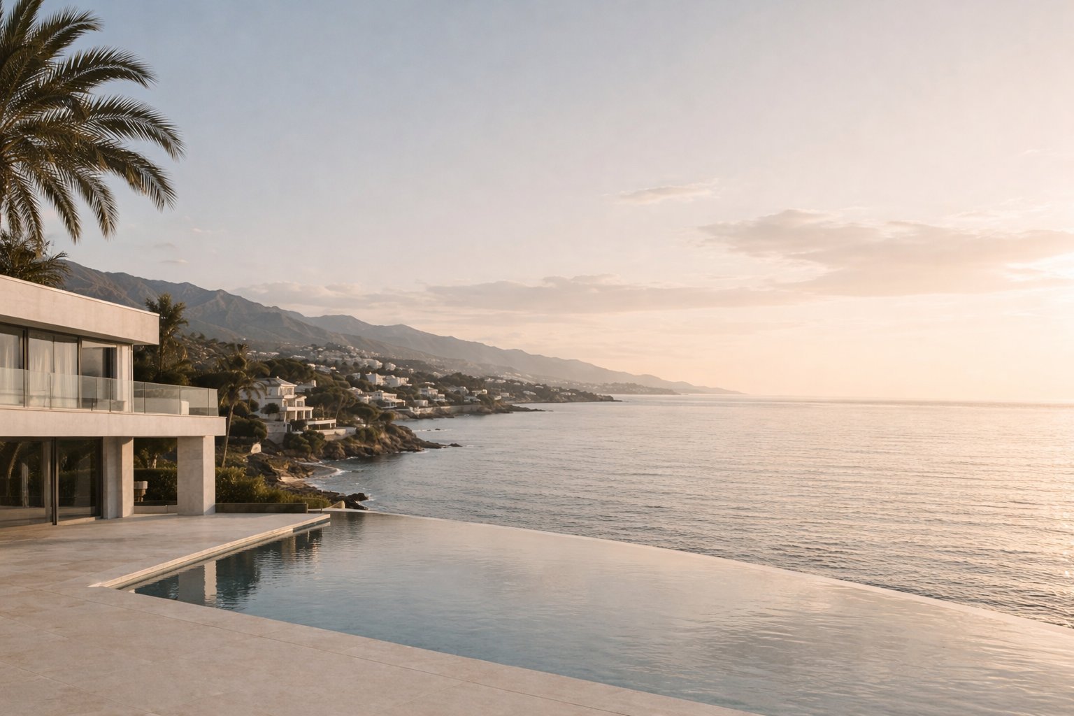 Modern white beachfront villa with infinity pool overlooking Mediterranean coastline at sunset, palm tree visible on left