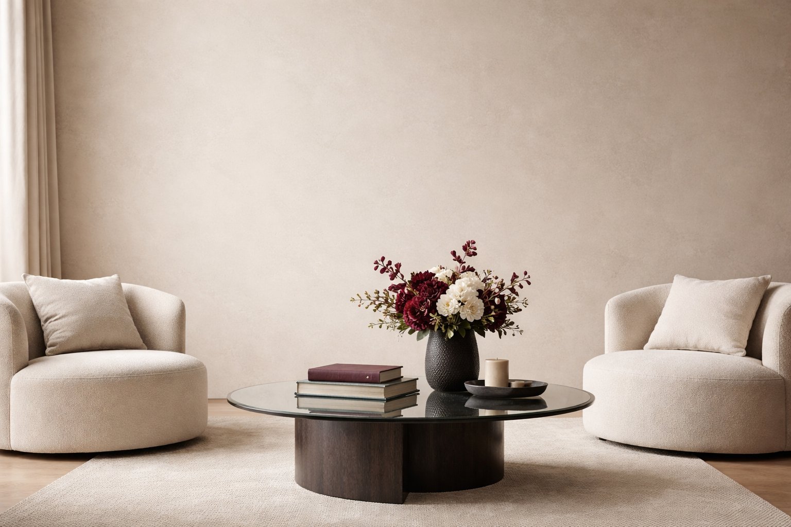 Modern living room with two cream-colored curved armchairs flanking a black oval coffee table decorated with flowers, books, and a candle